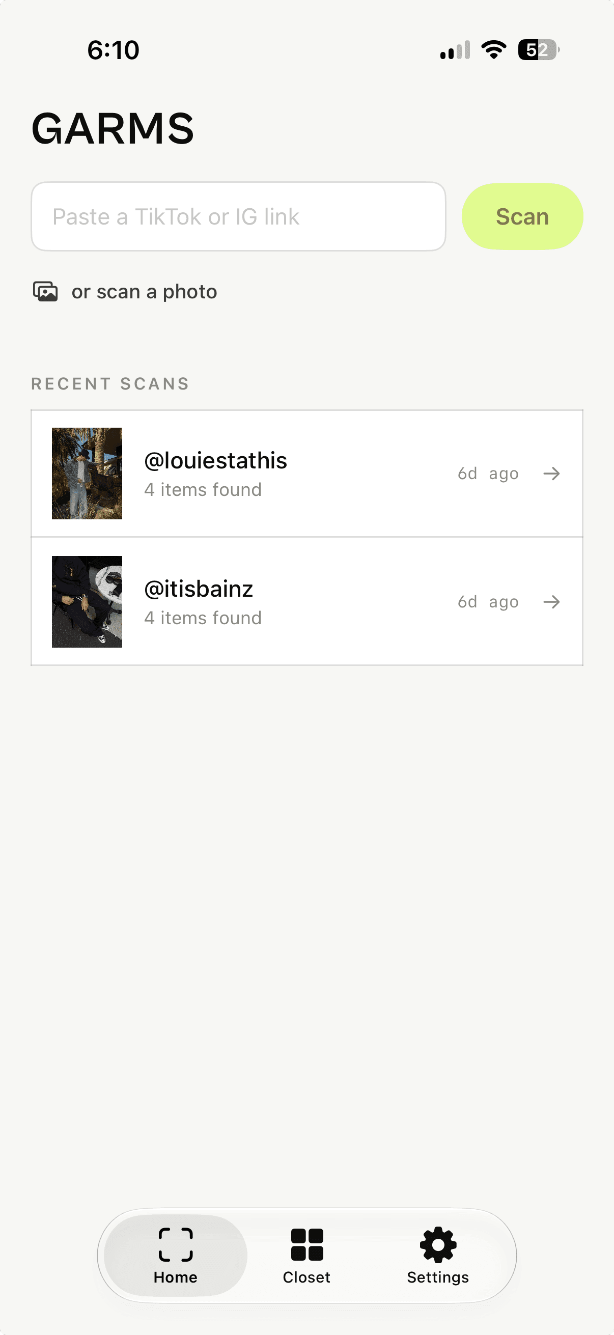 Garms app screen 1